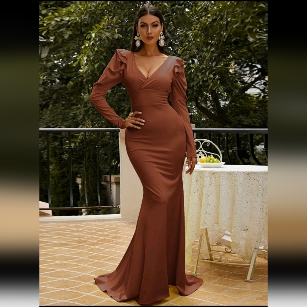 Missord Ruffle Trim Gigot Sleeve Maxi Bodycon Dress